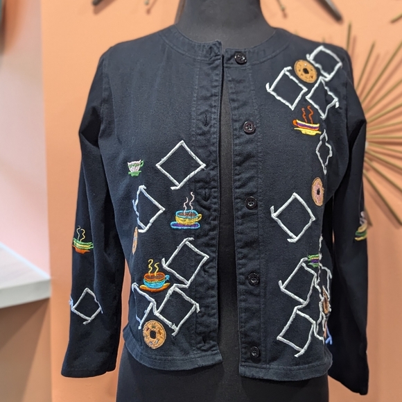 Michael Simon Lite Small Coffee Cardigan Embroidered Novelty Teachercore - Picture 1 of 12